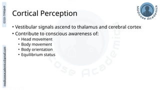 medicoseacademics@gmail.com
0310-7990649
Cortical Perception
• Vestibular signals ascend to thalamus and cerebral cortex
• Contribute to conscious awareness of:
• Head movement
• Body movement
• Body orientation
• Equilibrium status
 