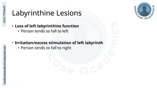 medicoseacademics@gmail.com
0310-7990649
Labyrinthine Lesions
• Loss of left labyrinthine function
• Person tends to fall to left
• Irritation/excess stimulation of left labyrinth
• Person tends to fall to right
 