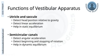 medicoseacademics@gmail.com
0310-7990649
Functions of Vestibular Apparatus
• Utricle and saccule
• Detect head position relative to gravity
• Detect linear acceleration
• Help in static equilibrium
• Semicircular canals
• Detect angular acceleration
• Detect beginning and stopping of rotation
• Help in dynamic equilibrium
 