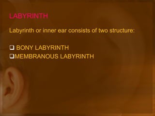 LABYRINTH
Labyrinth or inner ear consists of two structure:
 BONY LABYRINTH
MEMBRANOUS LABYRINTH
 