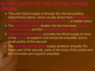 BLOOD SUPPLY TO THE VESTIBULAR END
ORGAN
 The main blood supply is through the internal auditory
(labyrinthine artery), which usually arises from the anterior
cerebellar artery, superior cerebellar artery, or basilar artery
 The labyrinthine artery divides into two branches- anterior
vestibular artery and the common cochlear artery
 Anterior vestibular artery provides the blood supply to most
of the utricle, to superior and horizontal ampullae’ and to
small portion of the saccule
 The common carotid artery supply posterior ampulla, the
major part of the saccule, parts of the body of the utricle and
the horizontal and superior ampullae
 