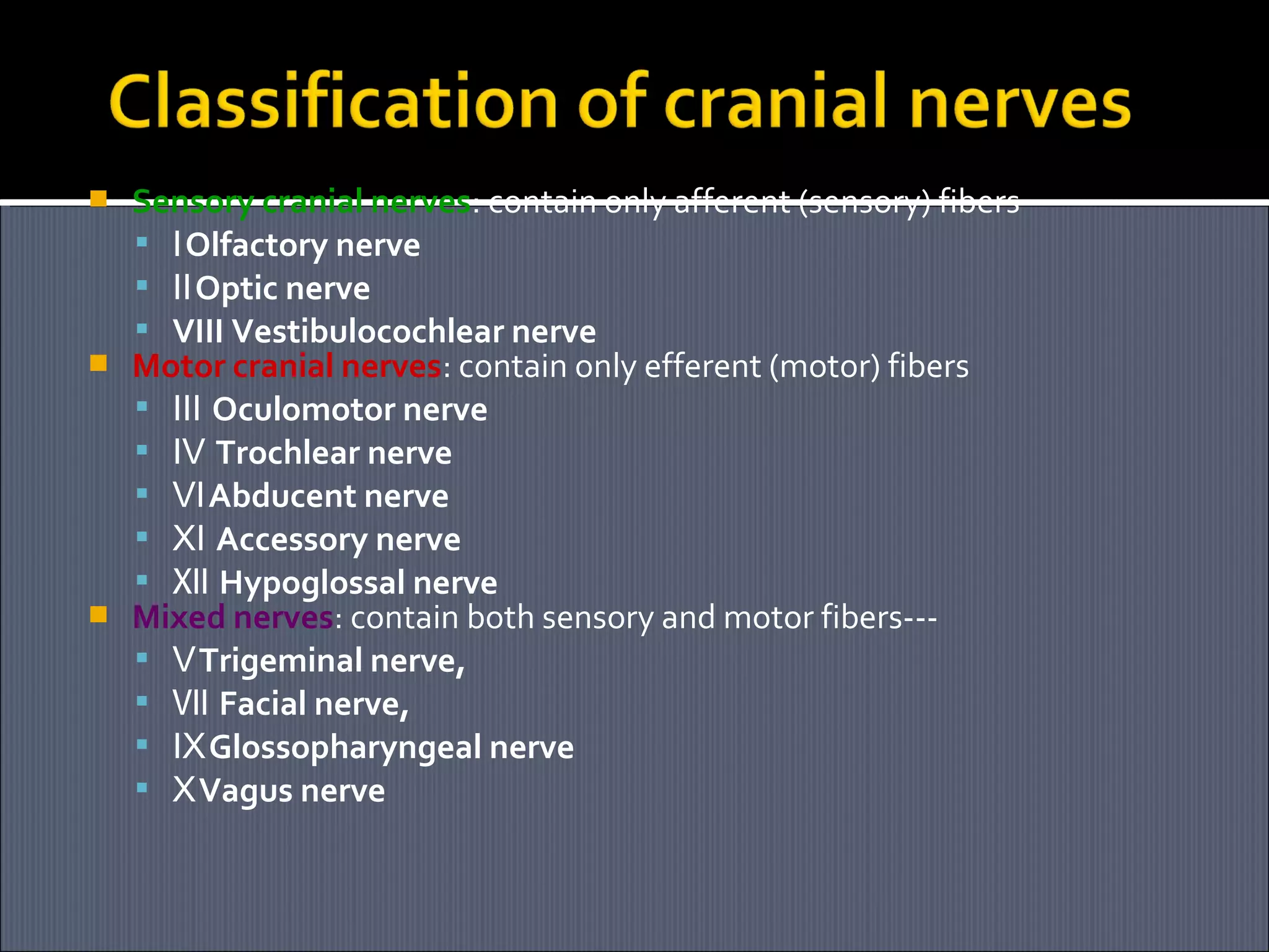 





Sensory cranial nerves: contain only afferent (sensory) fibers
 ⅠOlfactory nerve
 ⅡOptic nerve
 VIII Vestibulocochlear nerve
Motor cranial nerves: contain only efferent (motor) fibers
 Ⅲ Oculomotor nerve
 Ⅳ Trochlear nerve
 ⅥAbducent nerve
 Ⅺ Accessory nerve
 Ⅻ Hypoglossal nerve
Mixed nerves: contain both sensory and motor fibers-- ⅤTrigeminal nerve,
 Ⅶ Facial nerve,
 ⅨGlossopharyngeal nerve
 ⅩVagus nerve

 
