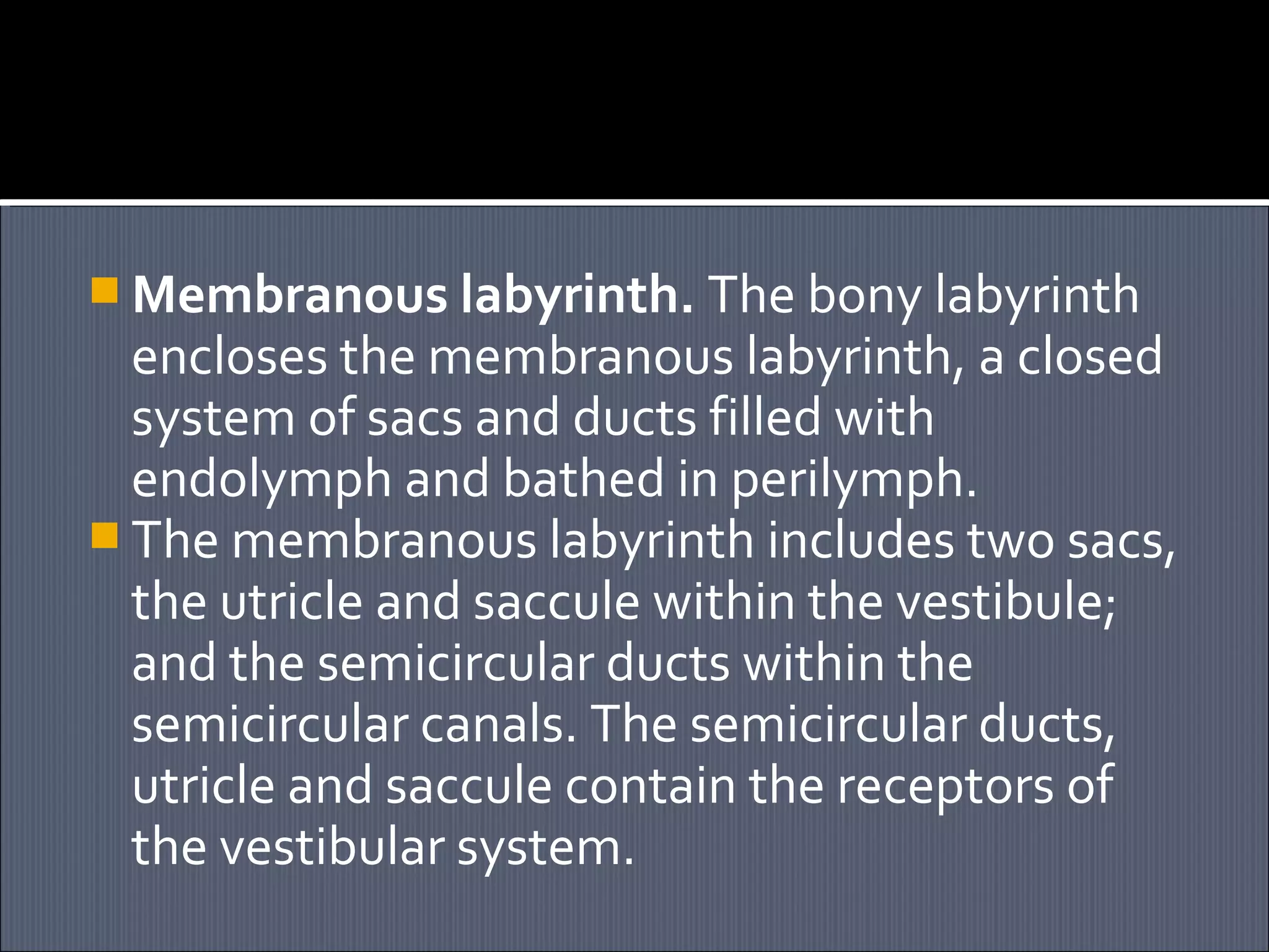  Membranous labyrinth. The bony labyrinth

encloses the membranous labyrinth, a closed
system of sacs and ducts filled with
endolymph and bathed in perilymph.
 The membranous labyrinth includes two sacs,
the utricle and saccule within the vestibule;
and the semicircular ducts within the
semicircular canals. The semicircular ducts,
utricle and saccule contain the receptors of
the vestibular system.

 
