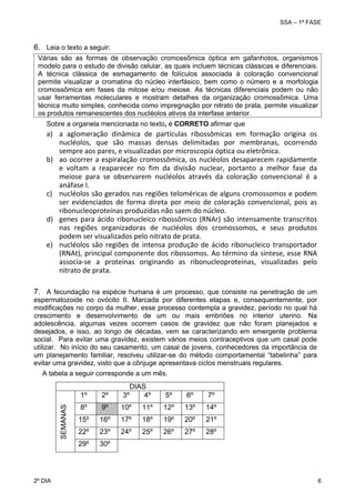 SSA – 1ª FASE

6. Leia o texto a seguir:
Várias são as formas de observação cromossômica óptica em gafanhotos, organismos
modelo para o estudo de divisão celular, as quais incluem técnicas clássicas e diferenciais.
A técnica clássica de esmagamento de folículos associada à coloração convencional
permite visualizar a cromatina do núcleo interfásico, bem como o número e a morfologia
cromossômica em fases da mitose e/ou meiose. As técnicas diferenciais podem ou não
usar ferramentas moleculares e mostram detalhes da organização cromossômica. Uma
técnica muito simples, conhecida como impregnação por nitrato de prata, permite visualizar
os produtos remanescentes dos nucléolos ativos da interfase anterior.
Sobre a organela mencionada no texto, é CORRETO afirmar que

a) a  aglomeração  dinâmica  de  partículas  ribossômicas  em  formação  origina  os 
nucléolos,  que  são  massas  densas  delimitadas  por  membranas,  ocorrendo 
sempre aos pares, e visualizadas por microscopia óptica ou eletrônica. 
b) ao ocorrer a espiralação cromossômica, os nucléolos desaparecem rapidamente 
e  voltam  a  reaparecer  no  fim  da  divisão  nuclear,  portanto  a  melhor  fase  da 
meiose  para  se  observarem  nucléolos  através  da  coloração  convencional  é  a 
anáfase I. 
c) nucléolos são gerados nas regiões teloméricas de alguns cromossomos e podem 
ser  evidenciados  de  forma  direta  por  meio  de  coloração  convencional,  pois  as 
ribonucleoproteínas produzidas não saem do núcleo. 
d) genes  para  ácido  ribonucleico  ribossômico  (RNAr)  são  intensamente  transcritos 
nas  regiões  organizadoras  de  nucléolos  dos  cromossomos,  e  seus  produtos 
podem ser visualizados pelo nitrato de prata. 
e) nucléolos  são  regiões  de  intensa  produção  de  ácido  ribonucleico  transportador 
(RNAt), principal componente dos ribossomos. Ao término da síntese, esse RNA 
associa‐se  a  proteínas  originando  as  ribonucleoproteínas,  visualizadas  pelo 
nitrato de prata. 
7. A fecundação na espécie humana é um processo, que consiste na penetração de um
espermatozoide no ovócito II. Marcada por diferentes etapas e, consequentemente, por
modificações no corpo da mulher, esse processo contempla a gravidez, período no qual há
crescimento e desenvolvimento de um ou mais embriões no interior uterino. Na
adolescência, algumas vezes ocorrem casos de gravidez que não foram planejados e
desejados, e isso, ao longo de décadas, vem se caracterizando em emergente problema
social. Para evitar uma gravidez, existem vários meios contraceptivos que um casal pode
utilizar. No início do seu casamento, um casal de jovens, conhecedores da importância de
um planejamento familiar, resolveu utilizar-se do método comportamental “tabelinha” para
evitar uma gravidez, visto que a cônjuge apresentava ciclos menstruais regulares.
A tabela a seguir corresponde a um mês.

2º DIA 	

2º

8º

9º

10º

11º

12º

13º

14º

15º

16º

17º

18º

19º

20º

21º

22º

23º

24º

25º

26º

27º

28º

29º

SEMANAS

1º

DIAS
3º
4º

30º

5º

6º

7º

6 

 