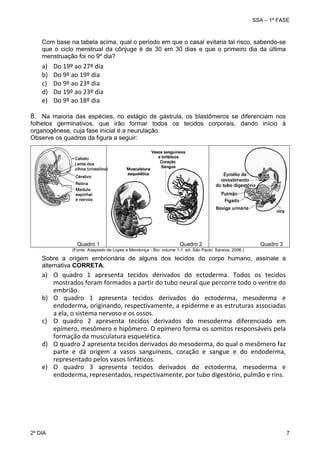 SSA – 1ª FASE

Com base na tabela acima, qual o período em que o casal evitaria tal risco, sabendo-se
que o ciclo menstrual da cônjuge é de 30 em 30 dias e que o primeiro dia da última
menstruação foi no 9º dia?

a)
b)
c)
d)
e)

Do 19º ao 27º dia 
Do 9º ao 19º dia 
Do 9º ao 23º dia 
Do 19º ao 23º dia 
Do 9º ao 18º dia

8. Na maioria das espécies, no estágio de gástrula, os blastômeros se diferenciam nos
folhetos germinativos, que irão formar todos os tecidos corporais, dando início à
organogênese, cuja fase inicial é a neurulação.
Observe os quadros da figura a seguir:

Quadro 1

Quadro 2

Quadro 3

(Fonte: Adaptado de Lopes e Mendonça - Bio: volume 1-1. ed. São Paulo: Saraiva, 2006.)

Sobre a origem embrionária de alguns dos tecidos do corpo humano, assinale a
alternativa CORRETA.

a) O  quadro  1  apresenta  tecidos  derivados  do  ectoderma.  Todos  os  tecidos 
mostrados foram formados a partir do tubo neural que percorre todo o ventre do 
embrião. 
b) O  quadro  1  apresenta  tecidos  derivados  do  ectoderma,  mesoderma  e 
endoderma, originando, respectivamente, a epiderme e as estruturas associadas 
a ela, o sistema nervoso e os ossos. 
c) O  quadro  2  apresenta  tecidos  derivados  do  mesoderma  diferenciado  em 
epímero, mesômero e hipômero. O epímero forma os somitos responsáveis pela 
formação da musculatura esquelética. 
d) O quadro 2 apresenta tecidos derivados do mesoderma, do qual o mesômero faz 
parte  e  dá  origem  a  vasos  sanguíneos,  coração  e  sangue  e  do  endoderma, 
representado pelos vasos linfáticos. 
e) O  quadro  3  apresenta  tecidos  derivados  do  ectoderma,  mesoderma  e 
endoderma, representados, respectivamente, por tubo digestório, pulmão e rins.

2º DIA 	

7 

 