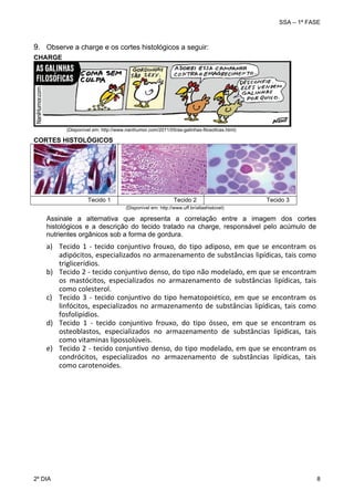 SSA – 1ª FASE

9. Observe a charge e os cortes histológicos a seguir:
CHARGE

(Disponível em: http://www.nanihumor.com/2011/05/as-galinhas-filosoficas.html)

CORTES HISTOLÓGICOS

Tecido 1

Tecido 2

Tecido 3

(Disponível em: http://www.uff.br/atlashistovet)

Assinale a alternativa que apresenta a correlação entre a imagem dos cortes
histológicos e a descrição do tecido tratado na charge, responsável pelo acúmulo de
nutrientes orgânicos sob a forma de gordura.

a) Tecido  1  ‐  tecido  conjuntivo  frouxo,  do  tipo  adiposo,  em  que  se  encontram  os 
adipócitos, especializados no armazenamento de substâncias lipídicas, tais como 
triglicerídios. 
b) Tecido 2 ‐ tecido conjuntivo denso, do tipo não modelado, em que se encontram 
os  mastócitos,  especializados  no  armazenamento  de  substâncias  lipídicas,  tais 
como colesterol. 
c) Tecido  3  ‐  tecido  conjuntivo  do  tipo  hematopoiético,  em  que  se  encontram  os 
linfócitos,  especializados  no  armazenamento  de  substâncias  lipídicas,  tais  como 
fosfolipídios. 
d) Tecido  1  ‐  tecido  conjuntivo  frouxo,  do  tipo  ósseo,  em  que  se  encontram  os 
osteoblastos,  especializados  no  armazenamento  de  substâncias  lipídicas,  tais 
como vitaminas lipossolúveis. 
e) Tecido 2 ‐ tecido conjuntivo denso, do tipo modelado, em que se encontram os 
condrócitos,  especializados  no  armazenamento  de  substâncias  lipídicas,  tais 
como carotenoides.  

2º DIA 	

8 

 