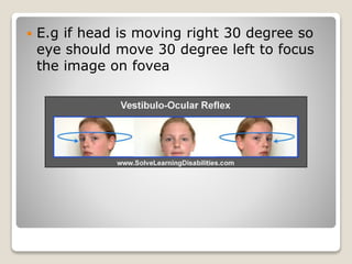  E.g if head is moving right 30 degree so
eye should move 30 degree left to focus
the image on fovea