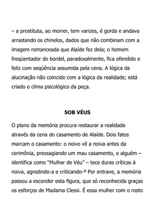 – a prostituta, ao morrer, tem varizes, é gorda e andava
arrastando os chinelos, dados que não combinam com a
imagem romanceada que Alaíde fez dela; o homem
freqüentador do bordel, paradoxalmente, fica ofendido e
feliz com seqüência assumida pela cena. A lógica da
alucinação não coincide com a lógica da realidade; está
criado o clima psicológico da peça.




                       SOB VÉUS

O plano da memória procura restaurar a realidade
através da cena do casamento de Alaíde. Dois fatos
marcam o casamento: o noivo vê a noiva antes da
cerimônia, pressagiando um mau casamento, e alguém –
identifica como “Mulher de Véu” – tece duras críticas à
noiva, agredindo-a e criticando-ª Por entrave, a memória
passou a esconder esta figura, que só reconhecida graças
os esforços de Madama Clessi. É essa mulher com o rosto
 