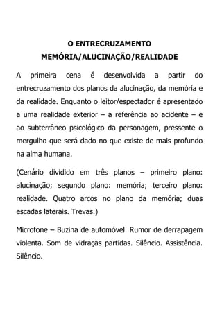 O ENTRECRUZAMENTO
        MEMÓRIA/ALUCINAÇÃO/REALIDADE

A   primeira   cena    é     desenvolvida   a   partir   do
entrecruzamento dos planos da alucinação, da memória e
da realidade. Enquanto o leitor/espectador é apresentado
a uma realidade exterior – a referência ao acidente – e
ao subterrâneo psicológico da personagem, pressente o
mergulho que será dado no que existe de mais profundo
na alma humana.

(Cenário dividido em três planos – primeiro plano:
alucinação; segundo plano: memória; terceiro plano:
realidade. Quatro arcos no plano da memória; duas
escadas laterais. Trevas.)

Microfone – Buzina de automóvel. Rumor de derrapagem
violenta. Som de vidraças partidas. Silêncio. Assistência.
Silêncio.
 