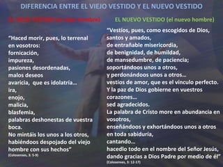 DIFERENCIA ENTRE EL VIEJO VESTIDO Y EL NUEVO VESTIDO EL VIEJO VESTIDO (el viejo hombre) “ Haced morir, pues, lo terrenal en vosotros: fornicación,  impureza,  pasiones desordenadas,  malos deseos avaricia,  que es idolatría… ira,  enojo,  malicia,  blasfemia,  palabras deshonestas de vuestra boca. No mintáis los unos a los otros, habiéndoos despojado del viejo hombre con sus hechos” (Colosenses, 3: 5-9) EL NUEVO VESTIDO (el nuevo hombre) “ Vestíos, pues, como escogidos de Dios, santos y amados, de entrañable misericordia,  de benignidad, de humildad, de mansedumbre, de paciencia; soportándoos unos a otros, y perdonándoos unos a otros… vestíos de amor, que es el vínculo perfecto. Y la paz de Dios gobierne en vuestros corazones… sed agradecidos. La palabra de Cristo more en abundancia en vosotros, enseñándoos y exhortándoos unos a otros en toda sabiduría, cantando… hacedlo todo en el nombre del Señor Jesús,  dando gracias a Dios Padre por medio de él” (Colosenses, 3: 12-17) 