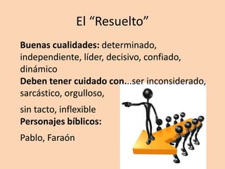 El “Resuelto”
Buenas cualidades: determinado,
independiente, líder, decisivo, confiado,
dinámico
Deben tener cuidado con...ser inconsiderado,
sarcástico, orgulloso,
sin tacto, inflexible
Personajes bíblicos:
Pablo, Faraón
 