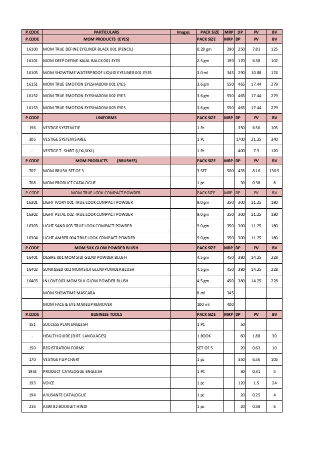 Vestige product price list + image