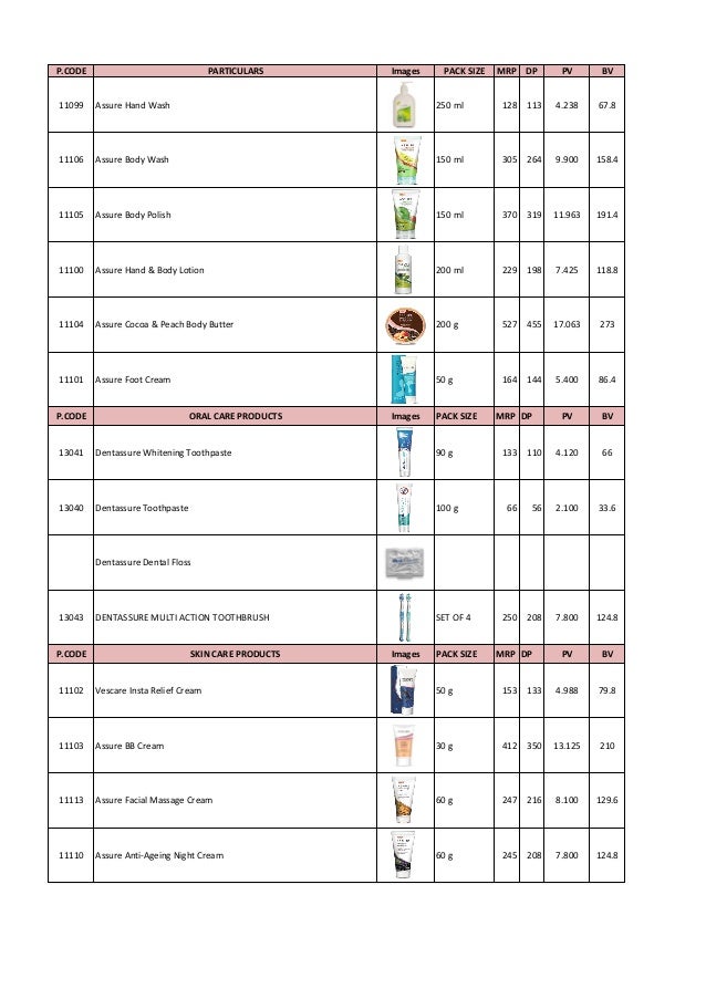 Vestige product price list + image