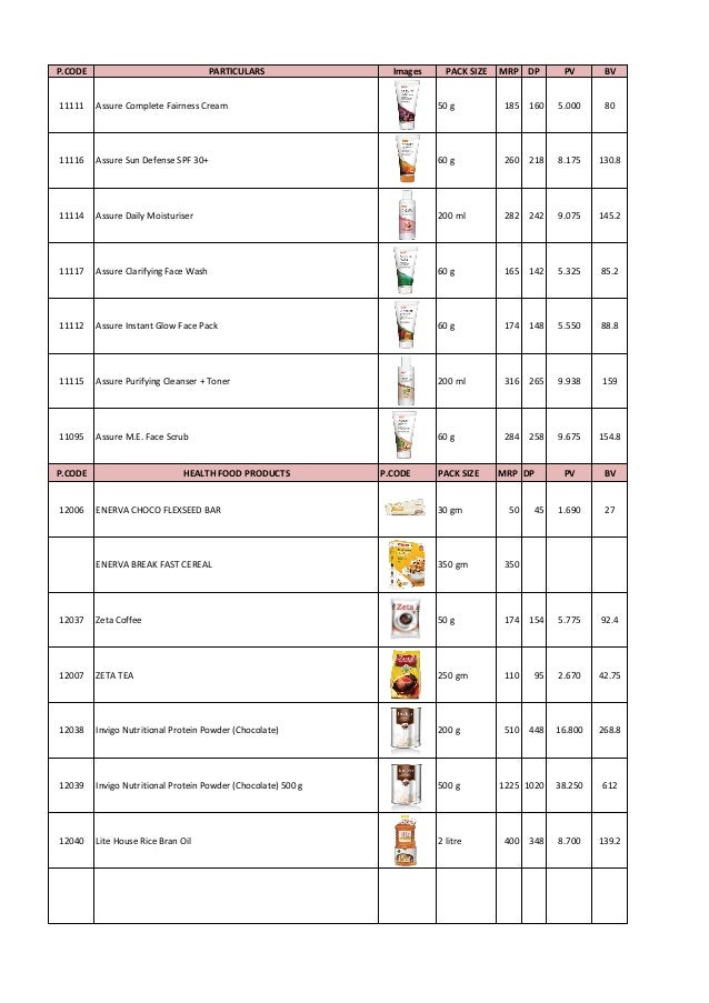 Vestige product price list + image