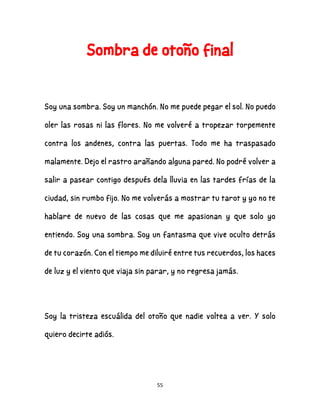 55
Sombra de otoño final
Soy una sombra. Soy un manchón. No me puede pegar el sol. No puedo
oler las rosas ni las flores. No me volveré a tropezar torpemente
contra los andenes, contra las puertas. Todo me ha traspasado
malamente. Dejo el rastro arañando alguna pared. No podré volver a
salir a pasear contigo después dela lluvia en las tardes frías de la
ciudad, sin rumbo fijo. No me volverás a mostrar tu tarot y yo no te
hablare de nuevo de las cosas que me apasionan y que solo yo
entiendo. Soy una sombra. Soy un fantasma que vive oculto detrás
de tu corazón. Con el tiempo me diluiré entre tus recuerdos, los haces
de luz y el viento que viaja sin parar, y no regresa jamás.
Soy la tristeza escuálida del otoño que nadie voltea a ver. Y solo
quiero decirte adiós.
 