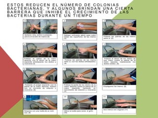 ESTOS REDUCEN EL NÚMERO DE COLONIAS
B A C T E R I A N A S , Y A L G U N O S B R I N D A N U N A C I E RTA
BARRERA QUE INHIBE EL CRECIMIENTO DE LAS
BACTERIAS DURANTE UN TIEMPO

 