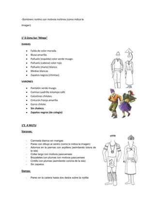 -Sombrero nortino con motivos nortinos (como indica la

Imagen)



1° D Zona Sur “Minga”

DAMAS

         Falda de color morada.
         Blusa amarilla.
         Pañuelo (espalda) color verde musgo.
         Pañuelo (cabeza) color rojo.
         Pañuelo (mano) blanco.
         Medias blancas
         Zapatos negros (chinitas).

VARONES

         Pantalón verde musgo.
         Camisa cuadrille estampa café.
         Calcetines chilotes.
         Cinturón franja amarilla.
         Gorro chilote.
         Sin chaleco.
         Zapatos negros (de colegio)



1°E A MUTU

Varones:


   -     Camiseta blanca sin mangas
   -     Pareo con dibujo al centro (como lo indica la imagen)
   -     Adornos en la piernas con arpillera (asimilando totora de
         la isla)
   -     Collar largo con motivos pascuenses
   -     Brazaletes con plumas con motivos pascuenses
   -     Cintillo con plumas (asimilando corona de la isla)
   -     Sin zapatos

Damas:

   -     Pareo en la cadera hasta dos dedos sobre la rodilla
 