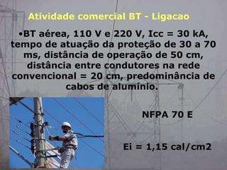 •BT aérea, 110 V e 220 V, Icc = 30 kA,
tempo de atuação da proteção de 30 a 70
ms, distância de operação de 50 cm,
distância entre condutores na rede
convencional = 20 cm, predominância de
cabos de alumínio.
NFPA 70 E
Ei = 1,15 cal/cm2
Atividade comercial BT - Ligacao
 