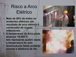• Mais de 80% de todos os
acidentes elétricos são
resultado de arco elétrico e
combustão de roupas
inflamáveis.
• A temperatura do Arco pode
alcançar 19.000°C
isto representa quatro vezes
a temperatura do solo
• Queimaduras fatais poderão
ocorrer a distância de 3m .
Risco a Arco
Elétrico
 