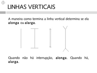 LINHAS VERTICAIS
A maneira como termina a linha vertical determina se ela
alonga ou alarga.




Quando não há interrupção, alonga. Quando há,
alarga.
 