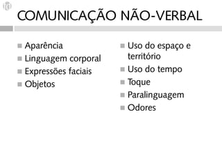 COMUNICAÇÃO NÃO-VERBAL

◼ Aparência            ◼ Uso do espaço e
◼ Linguagem corporal     território
◼ Expressões faciais   ◼ Uso do tempo

◼ Objetos              ◼ Toque
                       ◼ Paralinguagem
                       ◼ Odores
 