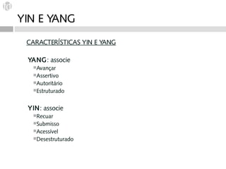 YIN E YANG
 CARACTERÍSTICAS YIN E YANG

 YANG:    associe
   Avançar
   Assertivo
   Autoritário
   Estruturado



 YIN:   associe
   Recuar
   Submisso
   Acessível
   Desestruturado
 