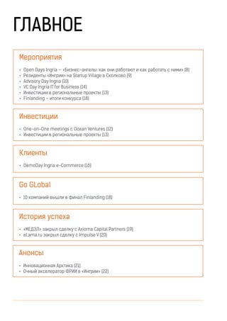 ГЛАВНОЕ
•	 Open Days Ingria — «Бизнес-ангелы: как они работают и как работать с ними» (8)
•	 Резиденты «Ингрии» на Startup Village в Сколково (9)
•	 Advisory Day Ingria (10)
•	 VC Day Ingria IT for Business (14)
•	 Инвестиции в региональные проекты (13)
•	 Finlanding – итоги конкурса (18)
•	 One-on-One meetings c Ocean Ventures (12)
•	 Инвестиции в региональные проекты (13)
•	 DemoDay Ingria e-Commerce (16)
•	 10 компаний вышли в финал Finlanding (18)
•	 «МЕДЭЛ» закрыл сделку с Axioma Capital Partners (19)
•	 eLama.ru закрыл сделку с Impulse V (20)
•	 Инновационная Арктика (21)
•	 Очный акселератор ФРИИ в «Ингрии» (22)
Мероприятия
Инвестиции
Клиенты
Go GLobal
История успеха
Анонсы
 