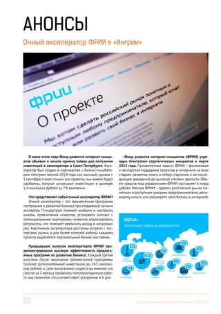 22 Вестник Бизнес-инкубатора «Ингрия», 04-06/2014
Очный акселератор ФРИИ в «Ингрии»
АНОНСЫ
В июне этого года Фонд развития интернет-иници-
атив объявил о начале приема заявок для получения
инвестиций в акселераторе в Санкт-Петербурге. Аксе-
лератор был создан в партнерстве с бизнес-инкубато-
ром «Ингрия» весной 2014 года как заочный, однако с
1 сентября станет очным: все проекты,чьи заявки будут
одобрены, получат начальные инвестиции в размере
1,4 миллиона рублей за 7% компании.
Что представляет собой очный акселератор ФРИИ?
Очный акселератор – это трехмесячная программа
построения и развития бизнеса при поддержке лучших
экспертов IT-индустрии поможет выбрать и настроить
каналы привлечения клиентов, установить контакт с
потенциальными партнерами, грамотно анализировать
результаты, что поможет увеличить доход в несколько
раз. Участникам акселератора доступны встречи с экс-
пертами рынка, а для более плотной работы каждому
проекту выделяется персональный бизнес-наставник.
Предыдущие выпуски акселераторов ФРИИ про-
демонстрировали высокую эффективность предлага-
емых программ по развитию бизнеса. Каждый третий
участник после окончания трехмесячной программы
получил дополнительные инвестиции до 14,5 миллио-
нов рублей, а сами выпускники сходятся во мнении, что
смогли за 3 месяца проделать полуторагодичную рабо-
ту над проектом, что соответствует ускорению в 6 раз.
Фонд развития интернет-инициатив (ФРИИ) учре-
жден Агентством стратегических инициатив в марте
2013 года. Приоритетные задачи ФРИИ – финансовая
и экспертная поддержка проектов в интернете на всех
стадиях развития, поиск и отбор стартапов и их после-
дующее доведение до высокой степени зрелости. Объ-
ем средств под управлением ФРИИ составляет 6 млрд
рублей. Миссия ФРИИ – сделать российский рынок по-
нятным и доступным каждому предпринимателю,жела-
ющему начать или расширить свой бизнес в интернете.
 