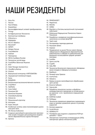 23
1.	 Хочу-Это
2.	 Тексикс
3.	 Plan B Media
4.	 ИнвойсБокс
5.	 Высокоэффективный силовой преобразователь
6.	 Thiingz
7.	 Антифрикционные Технологии
8.	 Композитные мембраны
9.	 Giftorama.ru
10.	 Makebetter
11.	 W.E.A.S. Robotics
12.	 ResumeUP
13.	 SOTOTI
14.	 Mailgen Россия
15.	 FutureWatcher
16.	 Habilect
17.	 Телепортикс
18.	 PAY2U CashBack Provider
19.	 Технологии чистой воды
20.	 FreshOffice Облачное Решение
21.	 RTIT
22.	 Hotel Manager Assistant Ecvi
23.	 CloudBerry Backup
24.	 iControl
25.	 Виртуальный интегратор «VIRTEGRATOR»
26.	 Защищенный платежный модуль
27.	 Kassa
28.	 ВНЕДРИМ
29.	 Визуализация высококачественного контента
30.	 СпортФинт
31.	 SeeMedia
32.	 Само Собой
33.	 Пилигрим XXI
34.	 Школьный Кошелек
35.	 Знаниевый реактор
36.	 Gitlove.me
37.	 Музыкальный агрегатор
38.	 Альтирикс
39.	 Карта Эмоций
40.	 Гигабитные системы связи миллиметрового диапа-
зона длин волн
41.	 МК Легион KidControl
42.	 Создание крупнейшей в русскоязычном простран-
стве онлайн площадки для размещения академи-
ческих образовательных курсов Лекториум
43.	 Ортотон
44.	 PRMEDIASOFT
45.	 Маркетана
46.	 REES46
47.	 СЕЙКС
48.	 Bigrobot.ru (Системы высокоточной спутниковой
навигации)
49.	 Мобильные Медицинские Технологии Нового
Поколения
50.	 Разработка и внедрение многофункциональных
нанопленок на основе фторПАВ
51.	 Take5.mobi
52.	 Расходомеры перепада давления
53.	 Языковой обмен
54.	 Аэрокос
55.	 Продвижение на рынке России нового бренда
лабораторного оборудования образовательной
робототехники и наборов по робототехнике для
домашнего использования средней ценовой
категории
56.	 CashBox
57.	 Sports and Me
58.	 CropMe
59.	 IGAL.PRO
60.	 Технология безопасного термического обезврежи-
вания отходов в гибридных установках
61.	 BlabRoom
62.	 Речевой пульт Speereo
63.	 eLama.Easy
64.	 Adwad.ru
65.	 Вывод на рынок малогабаритного обрабатываю-
щего центра
66.	 Brownie Software
67.	 SignusLabs
68.	 Разработка технологии синтеза и обработки
ультрадисперсного прекурсора на основе диокси-
да циркония и его применения в медицинской
практике
69.	 КОМПАС-CLOUD
70.	 РуУборка
71.	 Технология управления предметами окружающего
мира на примере управления краном по розливу
жидкостей
72.	 Контрол диджитал
73.	 ScratchDuino
74.	 ADDREALITY
75.	 Платформа для создания и управления M2M ре-
шениями — «GO+»
76.	 Электретные стимуляторы остеорепарации (ЭСО),
электретные зубные имплантаты (ЭЗИ)
наши резиденты
 