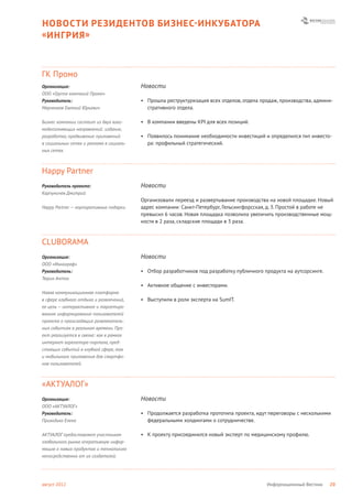 НОВОСТИ РЕЗИДЕНТОВ БИЗНЕС- ИНКУБАТОРА
« ИНГРИЯ »



ГК Промо
Организация:                              Новости
ООО «Группа компаний Промо»
Руководитель:                             • Прошла реструктуризация всех отделов, отдела продаж, производства, админи-
Марченков Евгений Юрьевич                   стративного отдела.

Бизнес компании состоит из двух взаи-     • В компании введены KPI для всех позиций.
модополняющих направлений: издание,
разработка, продвижение приложений        • Появилось понимание необходимости инвестиций и определился тип инвесто-
в социальных сетях и реклама в социаль-     ра: профильный стратегический.
ных сетях.



Happy Partner
Руководитель проекта:                     Новости
Карпуничев Дмитрий
                                          Организовали переезд и развертывание производства на новой площадке. Новый
Happy Partner — корпоративные подарки.    адрес компании: Санкт-Петербург, Гельсингфорсская, д. 3. Простой в работе не
                                          превысил 6 часов. Новая площадка позволила увеличить производственные мощ-
                                          ности в 2 раза, складские площади в 3 раза.



CLUBORAMA
Организация:                              Новости
ООО «Иннограф»
Руководитель:                             • Отбор разработчиков под разработку публичного продукта на аутсорсинге.
Тюрин Антон
                                          • Активное общение с инвесторами.
Новая коммуникационная платформа
в сфере клубного отдыха и развлечений,    • Выступили в роли эксперта на SumIT.
ее цель — интерактивное и таргетиро-
ванное информирование пользователей
проекта о происходящих развлекатель-
ных событиях в реальном времени. Про-
ект реализуется в связке: как в рамках
интернет агрегатора-портала, пред-
стоящих событий в клубной сфере, так
и мобильного приложения для смартфо-
нов пользователей.



«АКТУАЛОГ»
Организация:                              Новости
ООО «АКТУАЛОГ»
Руководитель:                             • Продолжается разработка прототипа проекта, идут переговоры с несколькими
Приходько Елена                             федеральными холдингами о сотрудничестве.

АКТУАЛОГ предоставляет участникам         • К проекту присоединился новый эксперт по медицинскому профилю.
глобального рынка оперативную инфор-
мацию о новых продуктах и технологиях
непосредственно от их создателей.




август 2012                                                                                Информационный Вестник    20
 