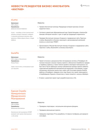 НОВОСТИ РЕЗИДЕНТОВ БИЗНЕС- ИНКУБАТОРА
« ИНГРИЯ »



eLama
Организация:                               Новости
ООО «еЛама»
Руководитель:                              • Провели бесплатный семинар «Продающая интернет-реклама. Сочный
Довжиков Алексей Андреевич                   маркетинг-микс».

eLama — менеджер систем контекстной        • Состоялся совместный образовательный курс Сергея Котырева и Алексея До-
рекламы, который позволяет создавать         вжикова «Интернет-магазин с нуля: от идеи до продающего маркетинга».
и запускать рекламные кампании одно-
временно в Яндекс.Директ, Бегун и Google   • Проведен бесплатный семинар «Создание и продвижение сайта. Практики
AdWords.                                     и кейсы. Выжимайте из бизнеса максимум!», организованный компанией
                                             eLama.ru и агентством TRINET.

                                           • Организовали в Москве бесплатный семинар «Создание и продвижение сайта.
                                             Практики и кейсы. Выжимайте из бизнеса максимум!».



KwikPik
Организация:                               Новости
ООО «Энфасис Консалтинг»
Руководитель:                              • Проект отчитался о результатах бета-тестирования системы в Петербурге. Ис-
Исаков Роман                                 пытания показали сильные стороны проекта и обозначили потребность городов
                                             в подобных сервисах, а также помогли выявить некоторые потенциально сла-
Сервис поиска такси, использующий прин-      бые места. После небольших каникул обновленная команда проекта займется
цип аукциона.                                существенной доработкой приложений для водителей и пассажиров, а также
                                             улучшением механизма заказа такси через сайт. В тестовом режиме KwikPik
                                             работал в Петербурге с февраля этого года. Кроме того, проект обкатывается
                                             в Азербайджане, Украине и Казахстане, а также готовится к запуску в Выборге.

                                           • В связи с развитием проект ищет разработчиков Java и iOs.




Единая Служба
Немедленного
Юридического
Реагирования
Организация:                               Новости
ООО «ЕСНЮР»
Руководитель:                              • Проведены переговоры с несколькими венчурными фондами.
Волкогонов Константин
                                           • Проведена реконцепция проекта.
Комплексное web-приложение ЕСНЮР
включает web-портал, SaaS-решение          • Завершена подготовка ТЗ на разработку 1-й версии платформы для юридиче-
и call-центр.                                ских фирм.




август 2012                                                                                   Информационный Вестник   21
 