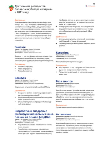 40
Достижения резидентов
Бизнес-инкубатора «Ингрия»
в 2011 году

Достижения                                          приборов, метало- и дереворежущих инстру-
Компания является победителем Конкурсного           ментов, медицинских и элементов электро-
отбора 2011 года на предоставление субсидий         ники, в т.ч. сенсоров
хозяйственным обществам, создаваемым выс-       •   Интегрирование операций эпиламирования
шими учебными заведениями и академическими          в существующие производственные техпро-
институтами, расположенными на территории           цессы без изменений действующей КД на
Санкт-Петербурга, в целях возмещения затрат,        изделия.
связанных с практическим применением (вне-
                                                Достижения
дрением) результатов интеллектуальной дея-
                                                •   Успешные результаты испытаний нанопокры-
тельности.
                                                    тий (Уссурийск, Томск, Мурманск);
                                                •   Серия публикаций в сборниках научных мате-
                                                    риалов.
Заманте
Куратор в БИ «Ингрия: Марина Мастерова
Организация: ООО «Мотто-плюс»
Руководитель: Щеглов Александр Евгеньевич       КупонГид
                                                Куратор в БИ «Ингрия»: Ромил Чумаков
Заманте — это платформа, которая решает про-    Организация: ООО «Купонгид»
блему непрозрачности для общения сторон,        Руководитель: Артем Сосульников
работающих и трудящихся на спортивном рынке.
                                                Агрегатор систем купонов скидок.
Достижения
                                                Достижения
•   Запуск платформы;
                                                •   Рост проекта за год в 15 раз в показателях вы-
•   Первые продажи;
                                                    ручки и в ежедневных посетителях;
•   Первый инвестор.
                                                •   Получение инвестиций от крупного медиа
                                                    инвестора.

BookMix
Куратор в БИ «Ингрия»: Ромил Чумаков
Организация: ООО «ЭмДжи Медиа»                  База агентов
Руководитель: Минков Александр Владимирович     Куратор в БИ «Ингрия»: Ромил Чумаков
                                                Организация: ООО «ЛИГА»
Социальная сеть любителей книг BookMix.ru       Руководитель: Семенов Дмитрий

Достижения                                      База Агентов решает целый комплекс задач для
•   Завершена работа по запуску сервиса авто-   удобной и правильно построенной модели ра-
    матических рекомендаций;                    боты агентства недвижимости, ускоряет процесс
•   Значительный рост раздела «Литературные     обработки клиента, нахождения клиентов, т.к.
    блоги на BookMix.ru»;                       задействованы все крупнейшие соц.сети и поис-
•   Открыли специальный раздел «Литератур-      ковики.
    ный календарь».
                                                Достижения
                                                Проект начал зарабатывать деньги.

Разработка и внедрение
многофункциональных нано- Актив-нано
пленок на основе фторПАВ  Куратор в БИ «Ингрия»: Олег Рождественский
                          Организация: ООО «Актив-нано»
Куратор в БИ «Ингрия»: Олег Рождественский      Руководитель: Черник Галина Георгиевна
Организация: ООО «АВТОСТАНКОПРОМ»
Руководитель: Андрей Мисюряев
                                                Компанией предлагаются минеральные покры-
•   Разработка составов и изготовление гаммы    тия деталей пар трения, снижающие трение и
    типов эпилам                                износ до физически возможного минимума, а
•   Разработка, изготовление и внедрение        также защищающие от коррозии, задира и абра-
    специального оборудования для эпиламиро-    зивного износа.
    вания деталей и узлов механизмов машин,
 