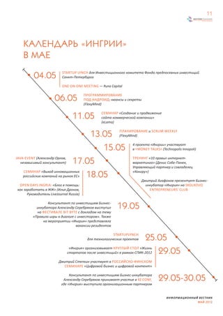 11




   КАЛЕНДАРЬ «ИНГРИИ»
   В МАЕ

          04.05            STARTUP LYNCH для Инвестиционного комитета Фонда предпосевных инвестиций
                           Санкт-Петербурга

                           ONE-ON-ONE MEETING — Runa Capital


                      06.05              ПРОГРАММИРОВАНИЕ
                                         ПОД АНДРОИД: нюансы и секреты
                                         (FlexyMind)


                                 11.05           СЕМИНАР «Создание и продвижение
                                                 сайта коммерческой компании»
                                                 (eLama)


                                      13.05 (FlexyMind) и SCRUM WEEKLY
                                             ПЛАНИРОВАНИЕ



                                         15.05 4 «MONEY «Ингрии» участвуют
                                                    в
                                                      проекта
                                                              TALKS» (Technopolis Innopoli)


                                17.05
JAVA-EVENT (Александр Орлов,                        ТРЕНИНГ «10 правил интернет-
   независимый консультант)                         маркетинга» (Денис Собе-Панек,
                                                    Управляющий партнер и совладелец

                                     18.05
     СЕМИНАР «Выход инновационных                   «Конгру»)
    российских компаний на рынок ЕС»
                                                                         Дмитрий Агафонов презентует Бизнес-
 OPEN DAYS INGRIA: «Блог в помощь:                                         инкубатор «Ингрия» на SKOLKOVO
как заработать в ЖЖ» (Илья Дронов,                                           ENTREPRENEURS’ CLUB
      Руководитель LiveJournal Russia)


                                                          19.05
                  Консультант по инвестициям Бизнес-
           инкубатора Александр Серебряков выступил
           на ФЕСТИВАЛЕ BIT BYTE с докладом на тему
         «Правила игры в диалоге с инвестором». Также
               на мероприятии «Ингрия» представляла
                                  вакансии резидентов

                                                        STARTUPLYNCH
                                          для технологических проектов  25.05
                               «Ингрия» организовывает КРУГЛЫЙ СТОЛ «Жизнь
                              стартапов после инвестиций» в рамках СПИК-2012 29.05
                         Дмитрий Степкин участвует в РОССИЙСКО-ФИНСКОМ
                           СЕМИНАРЕ «Цифровой бизнес и цифровой контент»

                               Консультант по инвестициям Бизнес-инкубатора
                           Александр Серебряков принимает участие в 42 CONF,     29.05-30.05
                          где «Ингрия» выступила организационным партнером


                                                                                      ИНФОРМАЦИОННЫЙ ВЕСТНИК
                                                                                                    МАЙ 2012
 