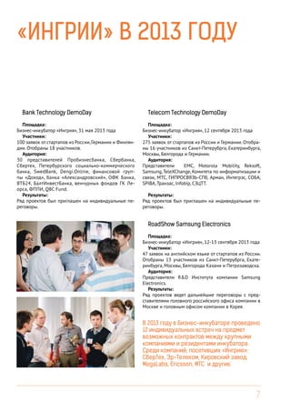«Ингрии» в 2013 году

Bank Technology DemoDay
Площадка:
Бизнес-инкубатор «Ингрия», 31 мая 2013 года
Участники:
100 заявок от стартапов из России, Германии и Финляндии. Отобраны 18 участников.
Аудитория:
30 представителей Пробизнесбанка, Сбербанка,
Сбертех, Петербурского социально-коммерческого
банка, SwedBank, Dengi.Online, финансовой группы «Доход», банка «Александровский», ОФК Банка,
ВТБ24, БалтИнвестБанка, венчурных фондов ГК Леорса, ФППИ, QBC Fund.
Результаты:
Ряд проектов был приглашен на индивидуальные переговоры.

Telecom Technology DemoDay
Площадка:
Бизнес-инкубатор «Ингрия», 12 сентября 2013 года
Участники:
275 заявок от стартапов из России и Германии. Отобраны 16 участников из Санкт-Петерубрга, Екатеринбурга,
Москвы, Белгорода и Германии.
Аудитория:
Представители
EMC, Motorola Mobility, Reksoft,
Samsung, TeleXChange, Комитета по информатизации и
связи, МТС, ГИПРОСВЯЗЬ-СПб, Арман, Интегрэс, СОБА,
SPIBA, Транзас, Infobip, СЗЦТТ.
Результаты:
Ряд проектов был приглашен на индивидуальные переговоры.

RoadShow Samsung Electronics
Площадка:
Бизнес-инкубатор «Ингрия», 12-13 сентября 2013 года
Участники:
47 заявок на английском языке от стартапов из России.
Отобраны 13 участников из Санкт-Петерубрга, Екатеринбурга, Москвы, Белгорода Казани и Петрозаводска.
Аудитория:
Представители R&D Института компании Samsung
Electronics.
Результаты:
Ряд проектов ведет дальнейшие переговоры с представителями головного российского офиса компании в
Москве и головным офисом компании в Корее.

В 2013 году в Бизнес-инкубаторе проведено
12 индивидуальных встреч на предмет
возможных контрактов между крупными
компаниями и резидентами инкубатора.
Среди компаний, посетивших «Ингрию»:
СберТех, Эр-Телеком, Кировский завод,
MegaLabs, Ericsson, МТС и другие.

7

 