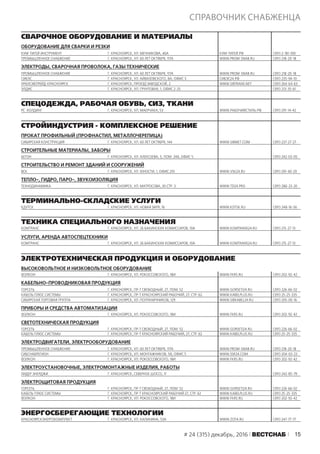 15# 24 (315) декабрь, 2016 ÂÅÑÒÑÍÀÁ
СПРАВОЧНИК СНАБЖЕНЦА
СВАРОЧНОЕ ОБОРУДОВАНИЕ И МАТЕРИАЛЫ
ОБОРУДОВАНИЕ ДЛЯ СВАРКИ И РЕЗКИ
КУМ-ТИГЕЙ ИНСТРУМЕНТ Г. КРАСНОЯРСК, УЛ. МЕЧНИКОВА, 46А КУМ-ТИГЕЙ.РФ (391) 2-181-100
ПРОМЫШЛЕННОЕ СНАБЖЕНИЕ Г. КРАСНОЯРСК, УЛ. 60 ЛЕТ ОКТЯБРЯ, 117А WWW.PROM-SNAB.RU (391) 218-20-18
ЭЛЕКТРОДЫ, СВАРОЧНАЯ ПРОВОЛОКА, ГАЗЫ ТЕХНИЧЕСКИЕ
ПРОМЫШЛЕННОЕ СНАБЖЕНИЕ Г. КРАСНОЯРСК, УЛ. 60 ЛЕТ ОКТЯБРЯ, 117А WWW.PROM-SNAB.RU (391) 218-20-18
СИБЭС Г. КРАСНОЯРСК, УЛ. АЙВАЗОВСКОГО, 8А, ОФИС 3 СИБЭС24.РФ (391) 235-94-10
УРАЛСИБТРЕЙД-КРАСНОЯРСК Г. КРАСНОЯРСК, ПРОЕЗД ЗАВОДСКОЙ, 2 WWW.SIBTRANS.NET (391) 264-64-63
ЭЛДИС Г. КРАСНОЯРСК, УЛ. ГРУНТОВАЯ, 1, ОФИС 2-25 (391) 213-35-61
СПЕЦОДЕЖДА, РАБОЧАЯ ОБУВЬ, СИЗ, ТКАНИ
РС ХОЛДИНГ Г. КРАСНОЯРСК, УЛ. МАЕРЧАКА, 53 WWW.РАБОЧИЙСТИЛЬ.РФ (391) 291-14-42
СТРОЙИНДУСТРИЯ - КОМПЛЕКСНОЕ РЕШЕНИЕ
ПРОКАТ ПРОФИЛЬНЫЙ (ПРОФНАСТИЛ, МЕТАЛЛОЧЕРЕПИЦА)
СИБИРСКАЯ КОНСТРУКЦИЯ Г. КРАСНОЯРСК, УЛ. 60 ЛЕТ ОКТЯБРЯ, 144 WWW.SIBMET.COM (391) 237-27-27
СТРОИТЕЛЬНЫЕ МАТЕРИАЛЫ, ЗАБОРЫ
БЕТОН Г. КРАСНОЯРСК, УЛ. АЛЕКСЕЕВА, 5, ПОМ. 248, ОФИС 5 (391) 242-03-05
СТРОИТЕЛЬСТВО И РЕМОНТ ЗДАНИЙ И СООРУЖЕНИЙ
ВСК Г. КРАСНОЯРСК, УЛ. ЮНОСТИ, 1, ОФИС 210 WWW.VSK24.RU (391) 291-40-29
ТЕПЛО-, ГИДРО, ПАРО-, ЗВУКОИЗОЛЯЦИЯ
ТЕХНОДИНАМИКА Г. КРАСНОЯРСК, УЛ. МАТРОСОВА, 30 СТР. 3 WWW.TD24.PRO (391) 286-23-20
ТЕРМИНАЛЬНО-СКЛАДСКИЕ УСЛУГИ
КДУТСК Г. КРАСНОЯРСК, УЛ. НОВАЯ ЗАРЯ, 16 WWW.KDTSK.RU (391) 248-16-56
ТЕХНИКА СПЕЦИАЛЬНОГО НАЗНАЧЕНИЯ
КОМТРАНС Г. КРАСНОЯРСК, УЛ. 26 БАКИНСКИХ КОМИССАРОВ, 10А WWW.KOMTRANS24.RU (391) 215-27-13
УСЛУГИ, АРЕНДА АВТОСПЕЦТЕХНИКИ
КОМТРАНС Г. КРАСНОЯРСК, УЛ. 26 БАКИНСКИХ КОМИССАРОВ, 10А WWW.KOMTRANS24.RU (391) 215-27-13
ЭЛЕКТРОТЕХНИЧЕСКАЯ ПРОДУКЦИЯ И ОБОРУДОВАНИЕ
ВЫСОКОВОЛЬТНОЕ И НИЗКОВОЛЬТНОЕ ОБОРУДОВАНИЕ
ФЭЛКОН Г. КРАСНОЯРСК, УЛ. РОКОССОВСКОГО, 18И WWW.FKRS.RU (391) 202-92-42
КАБЕЛЬНО-ПРОВОДНИКОВАЯ ПРОДУКЦИЯ
ГОРСЕТЬ Г. КРАСНОЯРСК, ПР-Т СВОБОДНЫЙ, 27, ПОМ. 52 WWW.GORSETI24.RU (391) 226-66-02
КАБЕЛЬ ПЛЮС СИСТЕМЫ Г. КРАСНОЯРСК, ПР-Т КРАСНОЯРСКИЙ РАБОЧИЙ, 27, СТР. 62 WWW.KABELPLUS.RU (391) 25-25-335
СИБИРСКАЯ ТОРГОВАЯ ГРУППА Г. КРАСНОЯРСК, УЛ. ПОГРАНИЧНИКОВ, 129 WWW.SIBKABEL24.RU (391) 205-00-16
ПРИБОРЫ И СРЕДСТВА АВТОМАТИЗАЦИИ
ФЭЛКОН Г. КРАСНОЯРСК, УЛ. РОКОССОВСКОГО, 18И WWW.FKRS.RU (391) 202-92-42
СВЕТОТЕХНИЧЕСКАЯ ПРОДУКЦИЯ
ГОРСЕТЬ Г. КРАСНОЯРСК, ПР-Т СВОБОДНЫЙ, 27, ПОМ. 52 WWW.GORSETI24.RU (391) 226-66-02
КАБЕЛЬ ПЛЮС СИСТЕМЫ Г. КРАСНОЯРСК, ПР-Т КРАСНОЯРСКИЙ РАБОЧИЙ, 27, СТР. 62 WWW.KABELPLUS.RU (391) 25-25-335
ЭЛЕКТРОДВИГАТЕЛИ, ЭЛЕКТРООБОРУДОВАНИЕ
ПРОМЫШЛЕННОЕ СНАБЖЕНИЕ Г. КРАСНОЯРСК, УЛ. 60 ЛЕТ ОКТЯБРЯ, 117А WWW.PROM-SNAB.RU (391) 218-20-18
СИБСНАБРЕГИОН Г. КРАСНОЯРСК, УЛ. МОНТАЖНИКОВ, 58, ОФИС 5 WWW.SSR24.COM (391) 204-03-23
ФЭЛКОН Г. КРАСНОЯРСК, УЛ. РОКОССОВСКОГО, 18И WWW.FKRS.RU (391) 202-92-42
ЭЛЕКТРОУСТАНОВОЧНЫЕ, ЭЛЕКТРОМОНТАЖНЫЕ ИЗДЕЛИЯ, РАБОТЫ
ЛИДЕР ЭНЕРДЖИ Г. КРАСНОЯРСК, СЕВЕРНОЕ ШОССЕ, 1Г (391) 242-85-79
ЭЛЕКТРОЩИТОВАЯ ПРОДУКЦИЯ
ГОРСЕТЬ Г. КРАСНОЯРСК, ПР-Т СВОБОДНЫЙ, 27, ПОМ. 52 WWW.GORSETI24.RU (391) 226-66-02
КАБЕЛЬ ПЛЮС СИСТЕМЫ Г. КРАСНОЯРСК, ПР-Т КРАСНОЯРСКИЙ РАБОЧИЙ 27, СТР. 62 WWW.KABELPLUS.RU (391) 25-25-335
ФЭЛКОН Г. КРАСНОЯРСК, УЛ. РОКОССОВСКОГО, 18И WWW.FKRS.RU (391) 202-92-42
ЭНЕРГОСБЕРЕГАЮЩИЕ ТЕХНОЛОГИИ
КРАСНОЯРСКЭНЕРГОКОМПЛЕКТ Г. КРАСНОЯРСК, УЛ. КАЛИНИНА, 53А WWW.ZOTA.RU (391) 247-77-77
 