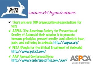 Associations&Organizations
 There are over 100 organizations&associations for
 vets
 ASPCA (The American Society for Prevention of
 Cruelty of Animals) their mission is to promote
 humane principles, prevent cruelty, and alleviate fear,
 pain, and suffering in animals http://aspca.org/
 PETA (People for the Ethical Treatment of Animals)
 http://www.peta2.com/
 AAV Annual Conference&Expo
 http://www.conferenceoffice.com/aav/
 
