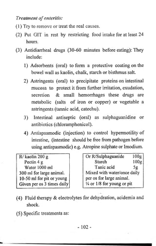 Treatment o f enteritis: 
(1) Try to remove or treat the real causes. 
(2) Put GIT in rest by restricting food intake for at least 24 
hours. 
(3) Antidiarrheal drugs (30-60 minutes before eating): They 
include: 
1) Adsorbents (oral) to form a protective coating on the 
bowel wall as kaolin, chalk, starch or bisthmus salt. 
2) Astringents (oral) to precipitate proteins on intestinal 
mucosa to protect it from further irritation, exudation, 
secretion & small hemorrhages these drugs are 
metabolic (salts of iron or copper) or vegetable a 
astringents (tannic acid, catechu). 
3) Intestinal antiseptic (oral) as sulphaguanidine or 
antibiotics (chloramphenicol). 
4) Antispasmodic (injection) to control hypermotility of 
intestine, (intestine should be free from pathogen before 
using antispasmodic) e.g. Atropine sulphate or Imodium. 
R/ kaolin 200 g 
Pectin 4 g 
Water 1000 ml 
300 ml for large animal. 
10-50 ml for pit or young 
Given per os 3 times daily 
Or R/Sulphaguanide lOOg 
Starch lOOg 
Tanicacid 5g 
Mixed with water/once daily 
per os for large animal. 
V* or 1/8 for young or pit 
(4) Fluid therapy & electrolytes for dehydration, acidemia and 
shock. 
(5) Specific treatments as: 
- 102- 
 