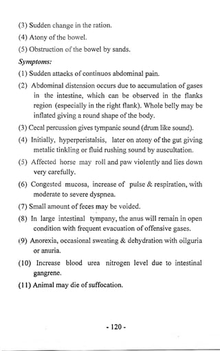 (3) Sudden change in the ration. 
(4) Atony of the bov/el. 
(5) Obstruction of the bowel by sands. 
Symptoms: 
(1) Sudden attacks of continuos abdominal pain. 
(2) Abdominal distension occurs due to accumulation of gases 
in the intestine, which can be observed in the flanks 
region (especially in the right flank). Whole belly may be 
inflated giving a round shape of the body. 
(3) Cecal percussion gives tympanic sound (drum like sound). 
(4) Initially, hyperperistalsis, later on atony of the gut giving 
metalic tinkling or fluid rushing sound by auscultation. 
(5) Affected horse may roll and paw violently and lies down 
very carefully. 
(6) Congested mucosa, increase of pulse & respiration, with 
moderate to severe dyspnea. 
(7) Small amount of feces may be voided. 
(8) In large intestinal tympany, the anus will remain in open 
condition with frequent evacuation of offensive gases. 
(9) Anorexia, occasional sweating & dehydration with oilguria 
or anuria. 
(10) Increase blood urea nitrogen level due to intestinal 
gangrene. 
(11) Animal may die of suffocation. 
- 120- 
 