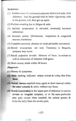 Symptoms: 
(1) Sudden onset of continuous peracute abdominal pain, kick 
abdomen, beat the ground with its limbs vigorously, sink 
to the ground, roll, then get up again. 
(2) Profuse sweating due to fatigue & pain. 
(3) Initially temperature is elevated, terminally becomes 
subnormal. 
(4) Increase pulses (90/minute), respiration & congested 
mucous membrane. 
(5) Complete anorexia, absence or weak peristaltic movement. 
(6) Bowel evacuations are scar. Tenesmus is frequent, 
tympany may occur. 
(7) Rectal palpation reveals: Absence of feces in rectum as 
well as distension of intestine with gases. 
(8) Short course, death within 48 hours. 
Diagnosis: 
(1) History & symptoms. 
(2) Back racking indicates empty rectum & colon, free from 
3 ) Rectal enema expelled away again in short interval within 
the same contents & color, without any feces. 
4)Rectal examination in the upper part of abdomen in torsion 
reveals an irregular tympany, or at the same particular 
area pain occurs when touched, the animal groans & 
kicks the belly from the severe pain. 
- 127- 
 