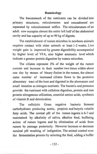 Ruminology 
The forestomach of the ruminants can be divided into 
primary structures, reticulorumen and omosabomal are 
separated by reticuloomasal orifice. The reticulorumen of an 
adult cow occupies almost the entire left half of the abdominal 
cavity and has capacity of up to 90 kg of digesta. 
The establishment of rumen microbes in newborn animals 
requires contact with older animals at least 1-2 weeks. Live 
weight gain is improved by greater digestibility accompanied 
by higher level of VFA, also higher ammonia level which 
indicate a greater protein digestion by rumen microbes. 
The ciliates represent 2% of the weight of the rumen 
content and increase in their number two times within about 
one day by means of binary fission in the rumen, the almost 
same number of increased ciliates flows to the posterior 
alimentary tract of the host and digested in the abomasum and 
small intestine as nitrogen nutrients. The bacteria and protozoa 
provide the ruminant with cellulose digestion, protein and non 
protein nitrogenous utilization, essential amino acids, synthesis 
of vitamin B and detoxication. 
The cellulytic Gram negative bacteria ferment 
carbohydrates producing acetic, propioic and butyric volatile 
fatty acids. The normal pH of the rumen ingesta is 6-7 and 
maintained by alkalinity of saliva, alkaline feed, buffering 
action of rumen ingesta and by elimination of acids from 
rumen by passage posteriorly. However increase or decrease 
ruminal pH resulting of indigestion. The animal control over 
the fermentation process by selecting the feed, adding a buffer 
- 132- 
 