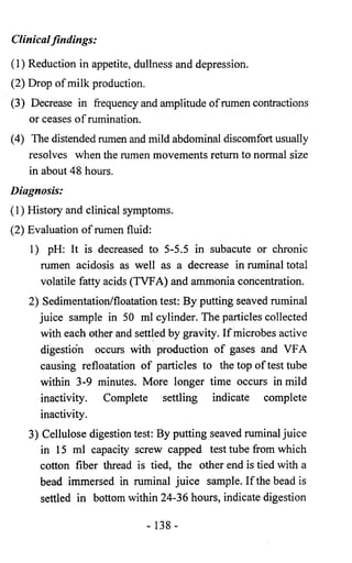 Clinical findings: 
(1) Reduction in appetite, dullness and depression. 
(2) Drop of milk production. 
(3) Decrease In frequency and amplitude of rumen contractions 
or ceases o f rumination. 
(4) The distended rumen and mild abdominal discomfort usually 
resolves when the rumen movements return to normal size 
in about 48 hours. 
Diagnosis: 
(1) History and clinical symptoms. 
(2) Evaluation of rumen fluid: 
1) pH: It is decreased to 5-5.5 in subacute or chronic 
rumen acidosis as well as a decrease in ruminal total 
volatile fatty acids (TVFA) and ammonia concentration. 
2) Sedimentation/floatation test: By putting seaved ruminal 
juice sample in 50 ml cylinder. The particles collected 
with each other and settled by gravity. If microbes active 
digestion occurs with production of gases and VFA 
causing refloatation of particles to the top of test tube 
within 3-9 minutes. More longer time occurs in mild 
inactivity. Complete settling indicate complete 
inactivity. 
3) Cellulose digestion test: By putting seaved ruminal juice 
in 15 ml capacity screw capped test tube from which 
cotton fiber thread is tied, the other end is tied with a 
bead immersed in ruminal juice sample. If the bead is 
settled in bottom within 24-36 hours, indicate digestion 
- 138- 
 