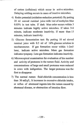 of cotton (cellulose) which occur in active microbes. 
Delaying settling occurs in cases of inactive microbes. 
4) Rodex potential (oxidation-reduction potential): By putting 
20 ml seaved ruminal juice with lml of methylen blue 
0.03% in test tube. If dark blue color occurs within 3 
minutes indicate highly active microbes. If takes 3-6 
minute, indicate moderate inactivity. If more than 15 
minutes, indicate inactivity. 
5) Glucose fermentation test: By putting 10 ml sieved 
ruminal juice with 0.5 ml of 16% glucose solution in 
saccharometer. If gas formation occur within l-2ml/ 
hour, indicate active microbes. More gas formation 
indicates tympany. Less gas formation indicates inactivity. 
6) Microscopical examination for evaluation of the number 
and activity of protozoa in the rumen fluid. Activity and 
concentrations of large and small protozoa were reduced 
in cows with indigestion. The larger protozoa was the 
first to disappear. 
7) The normal rumen fluid chloride concentration is less 
than 30 mEq/L. It increases in excessive chloride intake, 
or reflux of abomasal ingesta into the rumen caused by 
abomasal disease, or obstruction of intestine flow. 
- 139- 
 