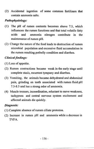 (2) Accidental ingestion of some common fertilizers that 
contain ammonia salts. 
Pathophysiology: 
(1) The pH of rumen contents becomes above 7.5, which 
influences the rumen functions and that total volatile fatty 
acids and ammonia nitrogen contribute in the 
maintenance of rumen pH. 
(2) Change the nature of the feed leads to destruction of rumen 
microbial population and excessive fluid accumulation in 
the rumen resulting potbelly condition and diarrhea. 
Clinical findings: 
(1) Loss of appetite. 
(2) Rumen contractions became weak in the early stage until 
complete stasis, recurrent tympany and diarrhea. 
(3) Vomiting, the animals became dehydrated and abdominal 
pain, grinding on teeth associated with rumen fluid pH 
7.5-8.5 and has a strong odor of ammonia. 
(4) Muscle tremors, incoordination, reluctant to move weakness, 
tachypnea and central nervous system excitement and 
affected animals die quickly. 
Diagnosis: 
(1) Complete absence of rumen ciliate protozoa. 
(2) Increase in rumen pH and ammonia while a decrease in 
TVFA. 
- 1 5 6 - 
 