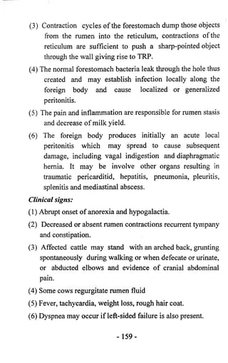 (3) Contraction cycles of the forestomach dump those objects 
from the rumen into the reticulum, contractions of the 
reticulum are sufficient to push a sharp-pointed object 
through the wall giving rise to TRP. 
(4) The normal forestomach bacteria leak through the hole thus 
created and may establish infection locally along the 
foreign body and cause localized or generalized 
peritonitis. 
(5) The pain and inflammation are responsible for rumen stasis 
and decrease of milk yield. 
(6) The foreign body produces initially an acute local 
peritonitis which may spread to cause subsequent 
damage, including vagal indigestion and diaphragmatic 
hernia. It may be involve other organs resulting in 
traumatic pericarditid, hepatitis, pneumonia, pleuritis, 
splenitis and mediastinal abscess. 
Clinical signs: 
(1) Abrupt onset of anorexia and hypogalactia. 
(2) Decreased or absent rumen contractions recurrent tympany 
and constipation. 
(3) Affected cattle may stand with an arched back, grunting 
spontaneously during walking or when defecate or urinate, 
or abducted elbows and evidence of cranial abdominal 
pain. 
(4) Some cows regurgitate rumen fluid 
(5) Fever, tachycardia, weight loss, rough hair coat. 
(6) Dyspnea may occur if left-sided failure is also present. 
- 159- 
 