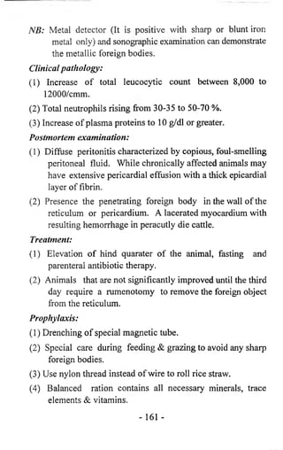 NB: Metal detector (It is positive with sharp or blunt iron 
metal only) and sonographic examination can demonstrate 
the metallic foreign bodies. 
Clinical pathology: 
(1) Increase of total leucocytic count between 8,000 to 
12000/cmm. 
(2) Total neutrophils rising from 30-35 to 50-70 %. 
(3) Increase of plasma proteins to 10 g/dl or greater. 
Postmortem examination: 
(1) Diffuse peritonitis characterized by copious, foul-smelling 
peritoneal fluid. While chronically affected animals may 
have extensive pericardial effusion with a thick epicardial 
layer of fibrin. 
(2) Presence the penetrating foreign body in the wall of the 
reticulum or pericardium. A lacerated myocardium with 
resulting hemorrhage in peracutly die cattle. 
Treatment: 
(1) Elevation of hind quarater of the animal, fasting and 
parenteral antibiotic therapy. 
(2) Animals that are not significantly improved until the third 
day require a rumenotomy to remove the foreign object 
from the reticulum. 
Prophylaxis: 
(1) Drenching of special magnetic tube. 
(2) Special care during feeding & grazing to avoid any sharp 
foreign bodies. 
(3) Use nylon thread instead of wire to roll rice straw. 
(4) Balanced ration contains all necessary minerals, trace 
elements & vitamins. 
- 161 - 
 
