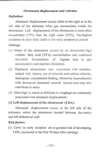 Abomasum displacement and volvulus 
Definition: 
Abomasal displacement occurs either to the right or to the 
left side of the abdomen when gas accumulates inside the 
abomasum. Left displacement of the abomasum is most often 
encountered (75%) than the right cases (25%). The highest 
incidence in adult dairy cattle in the early postpartum period. 
Etiology: 
(1) Atony of the abomasum caused by an abnormally high 
volatile fatty acid (VFA) concentration and continued 
microbial fermentation of ingesta lead to gas 
accumulation and resultant distention. 
(2) Displaced abomasums was associated with nutrition-related 
risk factors, use of minerals and sodium chloride, 
inadequate concentrates feeding. Moreover hypocalcemia 
with decreased abomasal smooth muscle tone may also 
contribute to atony. 
(3) Diets high in starch or deficient in roughage are commonly 
associated with abomasal displacement. 
[1] Left displacement of the abomasum (LDA): 
Abomasal displacement occurs to the left side of the 
abdomen, where the abomasum located between the rumen 
and left abdominal wall. 
Risk factors: 
(1) Cows in early lactation are at greatest risk of developing 
LDA, (occurred in the first 30 days after calving). 
- 175 - 
 