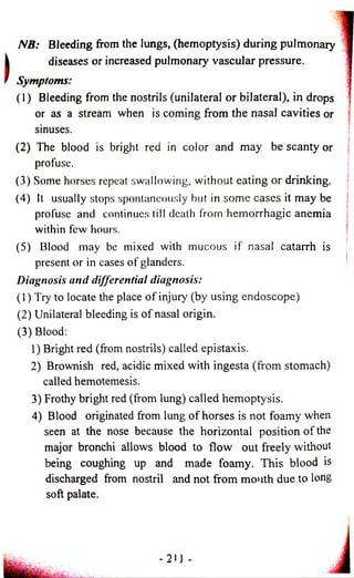NB: Bleeding from the lungs, (hemoptysis) during pulmonary 
diseases or increased pulmonary vascular pressure. 
Symptoms: 
(1) Bleeding from the nostrils (unilateral or bilateral), in drops 
or as a stream when is coming from the nasal cavities or 
sinuses. 
(2) The blood is bright red in color and may be scanty or 
profuse. 
(3) Some horses repeat swallowing, without eating or drinking. 
(4) It usually stops spontaneously but in some cases it may be 
profuse and continues till death from hemorrhagic anemia 
within few hours. 
(5) Blood may be mixed with mucous if nasal catarrh is 
present or in cases of glanders. 
Diagnosis and differential diagnosis: 
(1) Try to locate the place of injury (by using endoscope) 
(2) Unilateral bleeding is of nasal origin. 
(3) Blood: 
1) Bright red (from nostrils) called epistaxis. 
2) Brownish red, acidic mixed with ingesta (from stomach) 
called hemotemesis. 
3) Frothy bright red (from lung) called hemoptysis. 
4) Blood originated from lung of horses is not foamy when 
seen at the nose because the horizontal position of the 
major bronchi allows blood to flow out freely without 
being coughing up and made foamy. This blood is 
discharged from nostril and not from mouth due to long 
soft palate. 
 