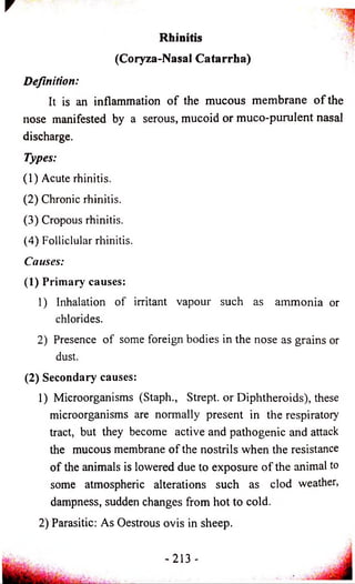 Rhinitis 
(Coryza-Nasal Catarrha) 
Definition: 
It is an inflammation o f the mucous membrane o f the 
nose manifested by a serous, mucoid or muco-purulent nasal 
discharge. 
Types: 
(1) Acute rhinitis. 
(2) Chronic rhinitis. 
(3) Cropous rhinitis. 
(4) Folliclular rhinitis. 
Causes: 
(1) Primary causes: 
1) Inhalation of irritant vapour such as ammonia or 
chlorides. 
2) Presence of some foreign bodies in the nose as grains or 
dust. 
(2) Secondary causes: 
1) Microorganisms (Staph., Strept. or Diphtheroids), these 
microorganisms are normally present in the respiratory 
tract, but they become active and pathogenic and attack 
the mucous membrane of the nostrils when the resistance 
of the animals is lowered due to exposure o f the animal to 
some atmospheric alterations such as clod weather, 
dampness, sudden changes from hot to cold. 
2) Parasitic: As Oestrous ovis in sheep. 
-213 - 
 