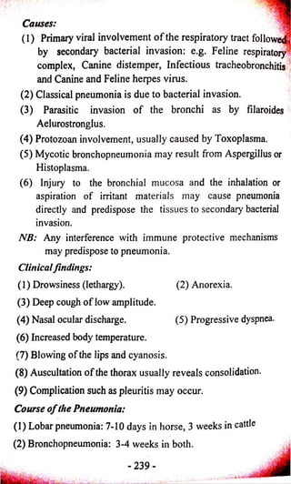 Causes: 
(1) Primary viral involvement o f the respiratory tract followed -, 
by secondary bacterial invasion: e.g. Feline respiratory 
complex, Canine distemper, Infectious tracheobronchitis 
and Canine and Feline herpes virus. 
(2) Classical pneumonia is due to bacterial invasion. 
(3) Parasitic invasion o f the bronchi as by filaroides 
Aelurostronglus. 
(4) Protozoan involvement, usually caused by Toxoplasma. 
(5) Mycotic bronchopneumonia may result from Aspergillus or 
Histoplasma. 
(6) Injury to the bronchial mucosa and the inhalation or 
aspiration o f irritant materials may cause pneumonia 
directly and predispose the tissues to secondary bacterial 
invasion. 
NB: Any interference with immune protective mechanisms 
may predispose to pneumonia. 
Clinical findings: 
(1) Drowsiness (lethargy). (2) Anorexia. 
(3) Deep cough o f low amplitude. 
(4) Nasal ocular discharge. (5) Progressive dyspnea. 
(6) Increased body temperature. 
(7) Blowing o f the lips and cyanosis. 
(8) Auscultation o f the thorax usually reveals consolidation. 
(9) Complication such as pleuritis may occur. 
Course o f the Pneumonia: 
(1) Lobar pneumonia: 7-10 days in horse, 3 weeks in cattle 
(2) Bronchopneumonia: 3-4 weeks in both. 
 