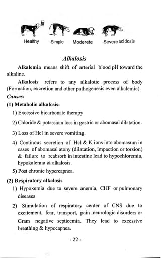 Healthy Simple Moderete S e v e r e acidosis 
Alkalosis 
Alkalemia means shift of arterial blood pH toward the 
alkaline. 
Alkalosis refers to any alkalotic process of body 
(Formation, excretion and other pathogenesis even alkalemia). 
Causes: 
(1) Metabolic alkalosis: 
1) Excessive bicarbonate therapy. 
2) Chloride & potassium loss in gastric or abomasal dilatation. 
3) Loss of Hcl in severe vomiting. 
4) Continous secretion of Hcl & K ions into abomasum in 
cases of abomasal atony (dilatation, impaction or torsion) 
& failure to reabsorb in intestine lead to hypochloremia, 
hypokalemia & alkalosis. 
5) Post chronic hypercapnea. 
(2) Respiratory alkalosis 
1) Hypoxemia due to severe anemia, CHF or pulmonary 
diseases. 
2) Stimulation of respiratory center of CNS due to 
excitement, fear, transport, pain .neurologic disorders or 
Gram negative septicemia. They lead to excessive 
breathing & hypocapnea. 
- 2 2 - 
 